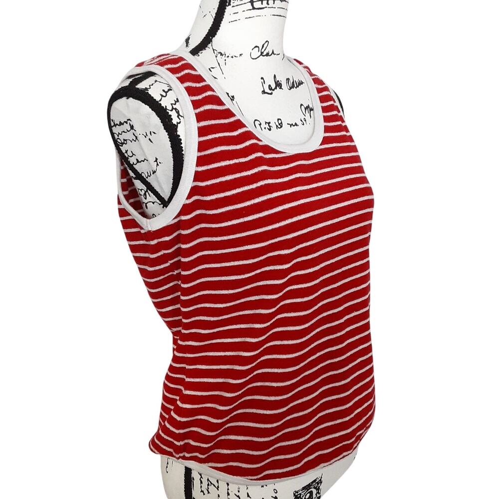 Vintage 90s Tank Top Red White Nautical Stripe Terry Cloth Scoop Neck Womens L - Picture 2 of 8
